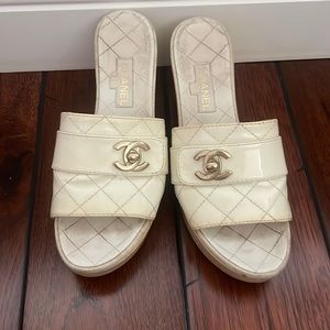 Chanel white platform patent leather mule